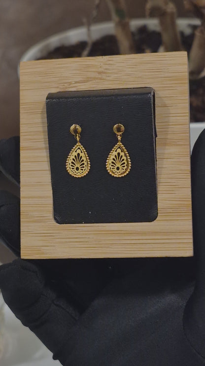 Gold Filigree Teardrop Drop Earrings 21KT - FKJERN21KM12255