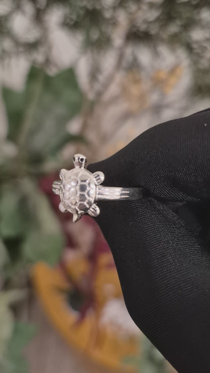 Sterling Silver 925 Turtle Charm Ring with Honeycomb Shell Pattern  Ring - FKJRNSLM12284