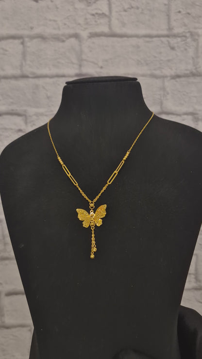 Gold Butterfly Charm Drop Necklace 21KT - FKJNKL21KM12264