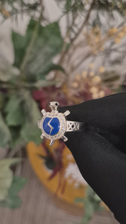 Sterling Silver 925 Sea Turtle Ring with Blue Crystal Accent Ring - FKJRNSLM12286