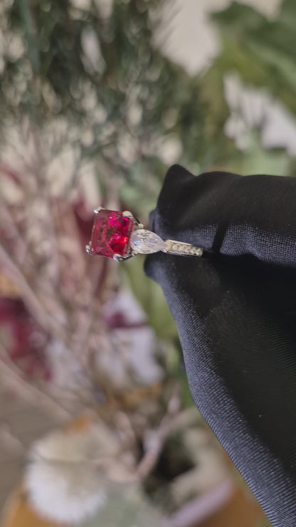 Sterling Silver 925 Ruby Red Gemstone Ring with Pear-Cut Side Stones Ring - FKJRNSLM12324