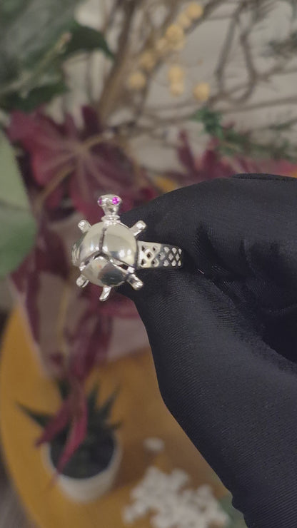 Sterling Silver 925 Sea Turtle Ring with Pink Crystal Eyes Ring - FKJRNSLM12297