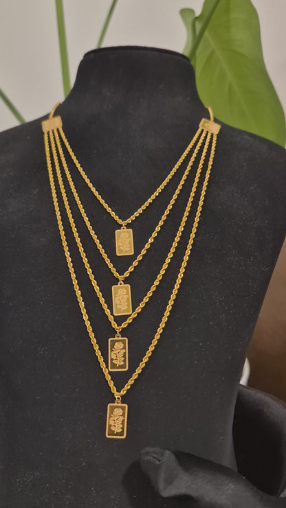 Gold Multi-Layered Rope-Chain With Rectangular Bars Engraved Rose Motifs Necklace 21KT - FKJNKL21KM12212
