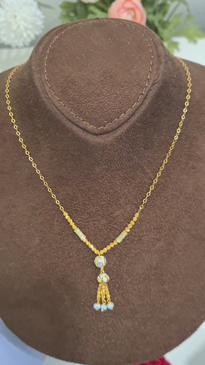 Gold Blue Bead Tassel Necklace 21KT - FKJNKL21KM10367