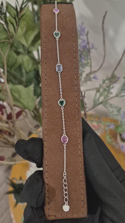 Sterling Silver 925 Multi-Gem Heart Link Bracelet - FKJBRLSLM12329
