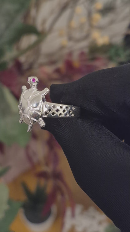 Sterling Silver 925 Sea Turtle Ring with Red Stone Eyes Ring - FKJRNSLM12292