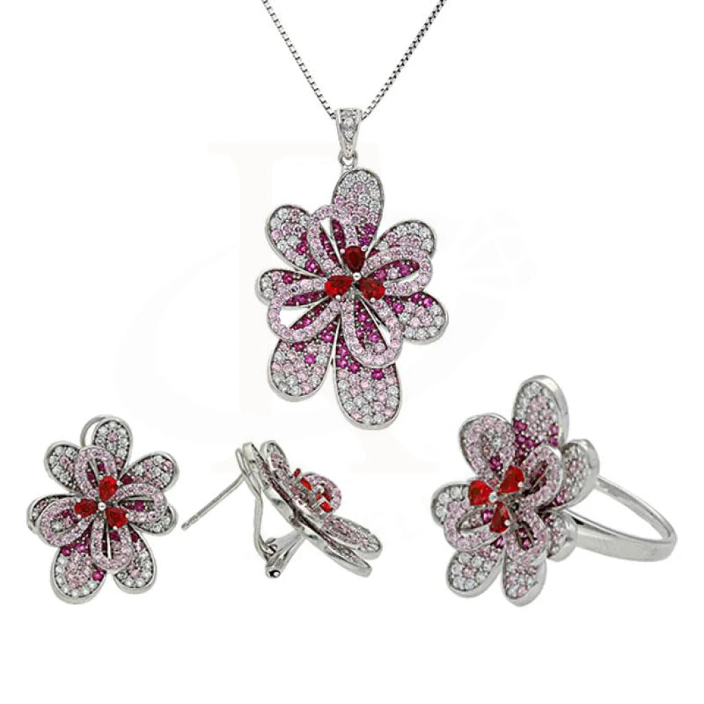 Italian Silver 925 Blooming Flower Pendant Set (Necklace Earrings And Ring) - Fkjnklst1920 Sets