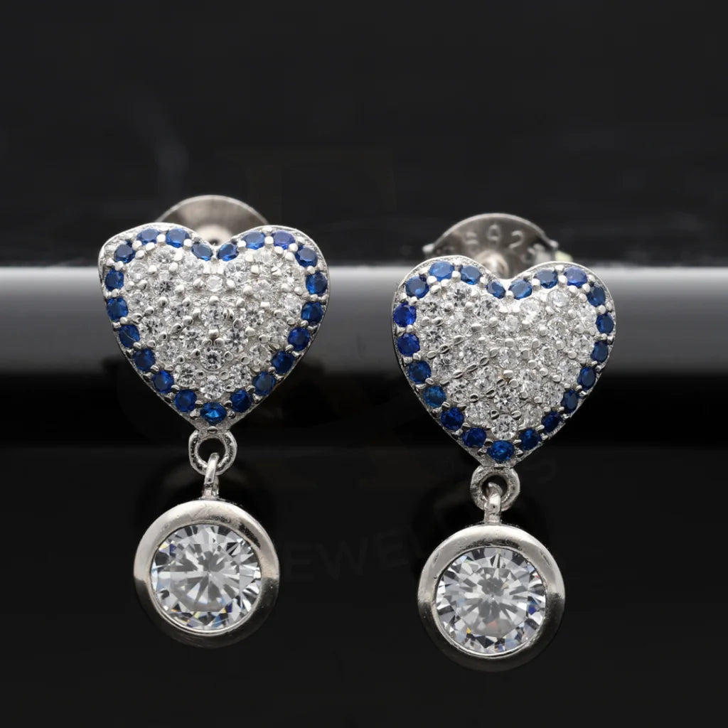 Sterling Silver 925 Blue Heart Shaped Cubic Zirconia Earrings - Fkjernsl8033