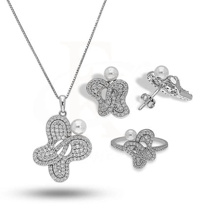 Italian Silver 925 Butterfly Shaped Pearl Pendant Set (Necklace Earrings And Ring) - Fkjnklstsl2276