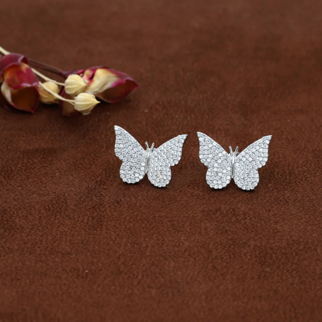 Sterling Silver 925 Butterfly Stud Zircon Earrings - Fkjernsl7996