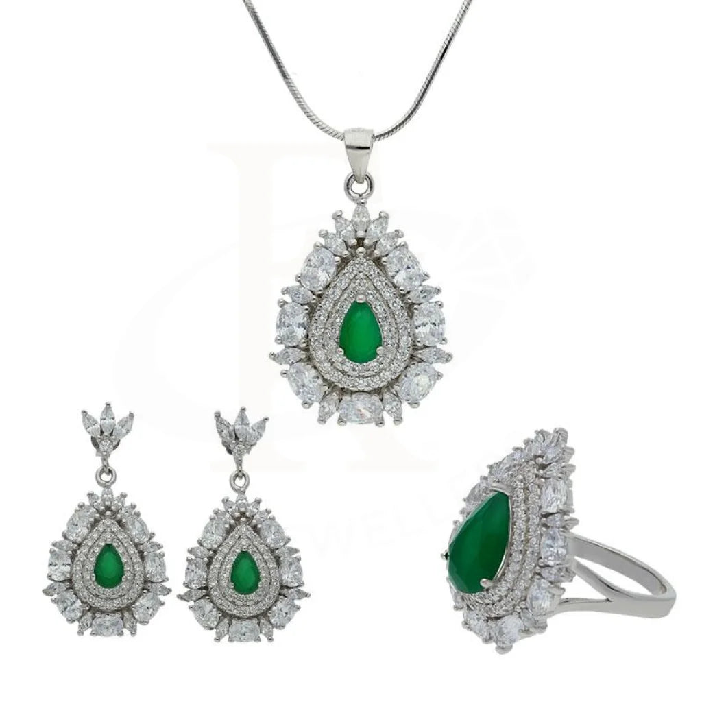 Italian Silver 925 Emerald Pear Pendant Set (Necklace Earrings And Ring) - Fkjnklst1918 Sets