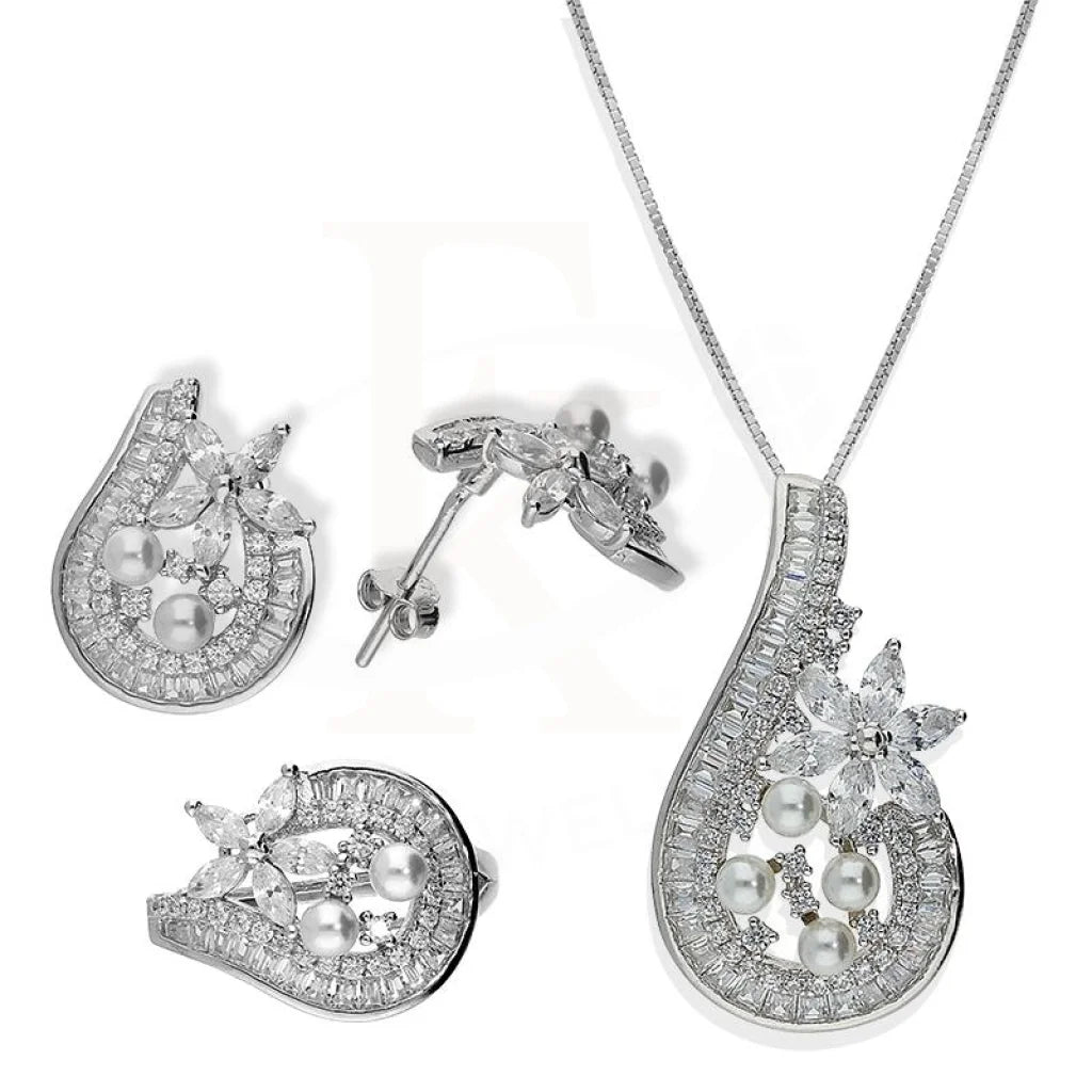 Italian Silver 925 Flower Pendant Set (Necklace Earrings And Ring) - Fkjnklstsl2190 Sets