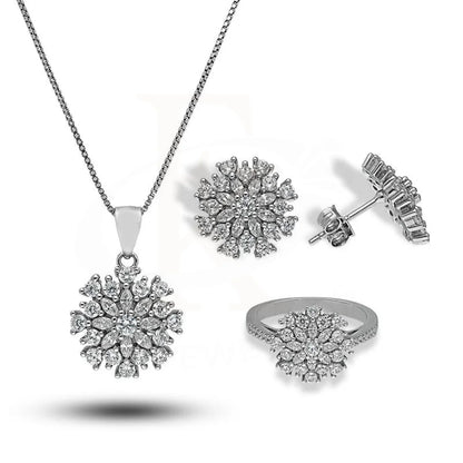 Italian Silver 925 Flower Pendant Set (Necklace Earrings And Ring) - Fkjnklstsl2287 Sets