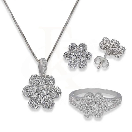 Sterling Silver 925 Flower Pendant Set (Necklace Earrings And Ring) - Fkjnklstsl2366 Sets