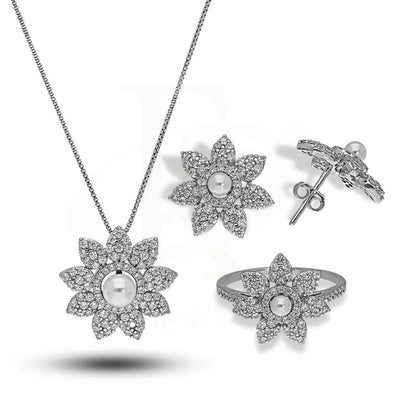 Italian Silver 925 Flower Shaped Pearl Pendant Set (Necklace Earrings And Ring) - Fkjnklstsl2288