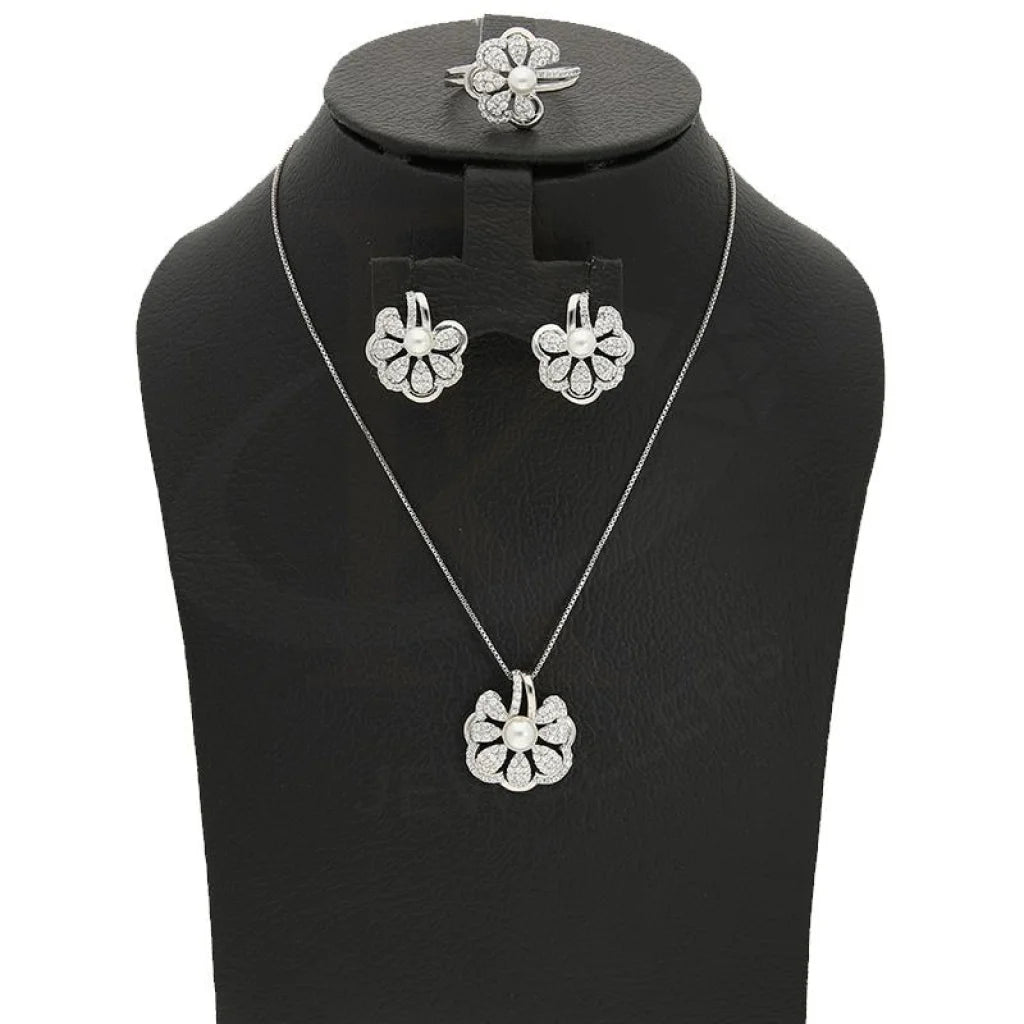 Italian Silver 925 Flower Shaped Pearl Pendant Set (Necklace Earrings And Ring) - Fkjnklstsl2291