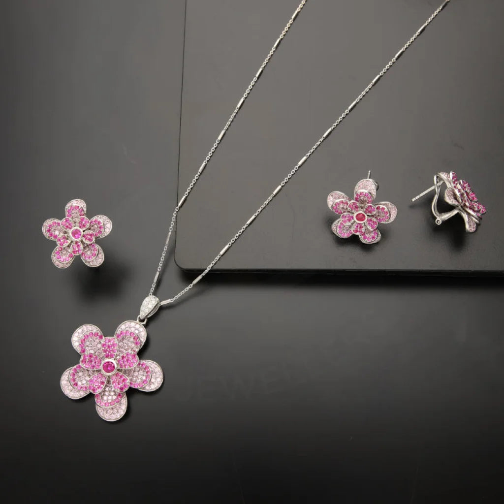 Sterling Silver 925 Flower Shaped Pendant Set (Necklace Earrings And Ring) - Fkjnklstsl2108 Sets