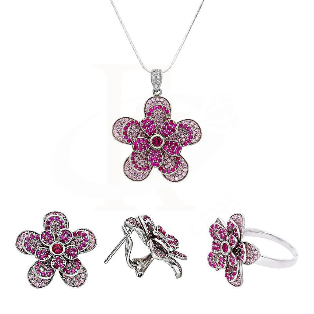 Italian Silver 925 Flower Shaped Pendant Set (Necklace Earrings And Ring) - Fkjnklstsl2108 Sets