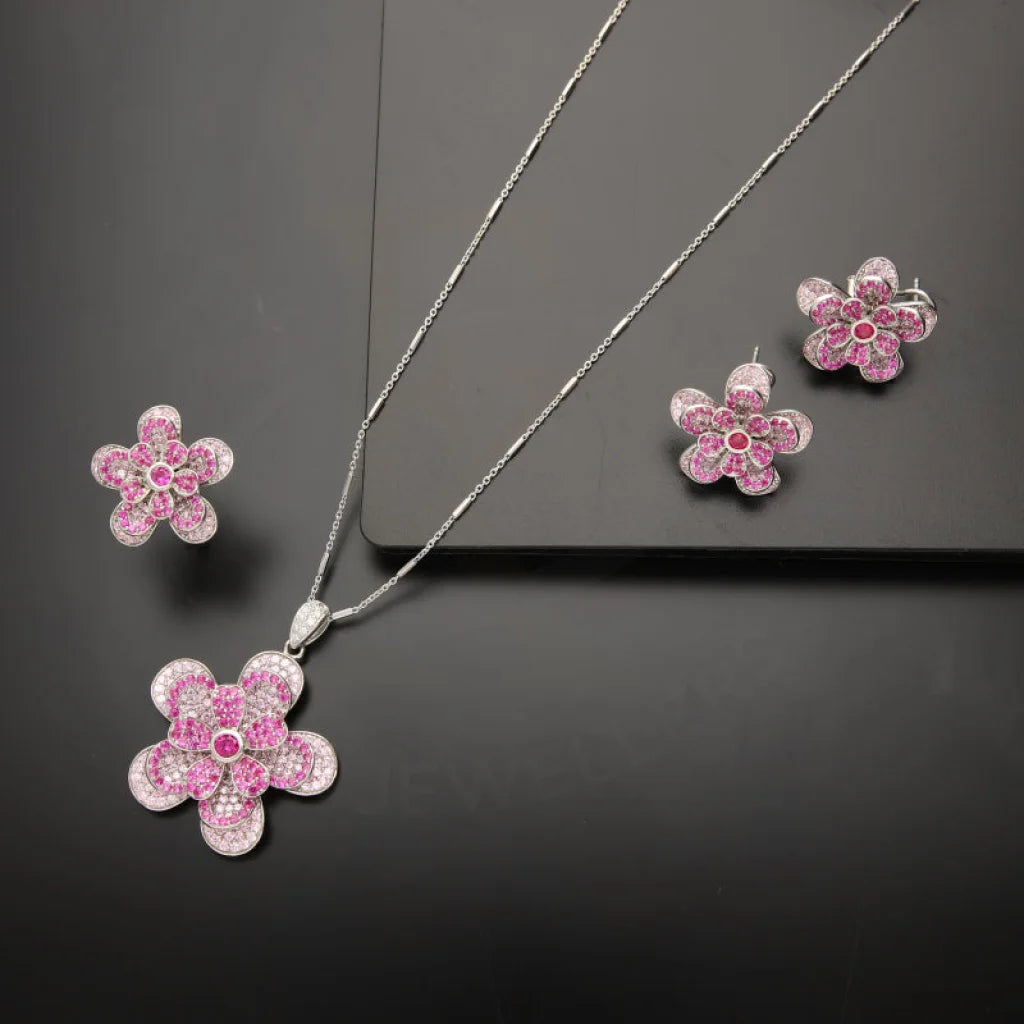 Sterling Silver 925 Flower Shaped Pendant Set (Necklace Earrings And Ring) - Fkjnklstsl2108 Sets