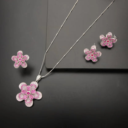 Sterling Silver 925 Flower Shaped Pendant Set (Necklace Earrings And Ring) - Fkjnklstsl2108 Sets