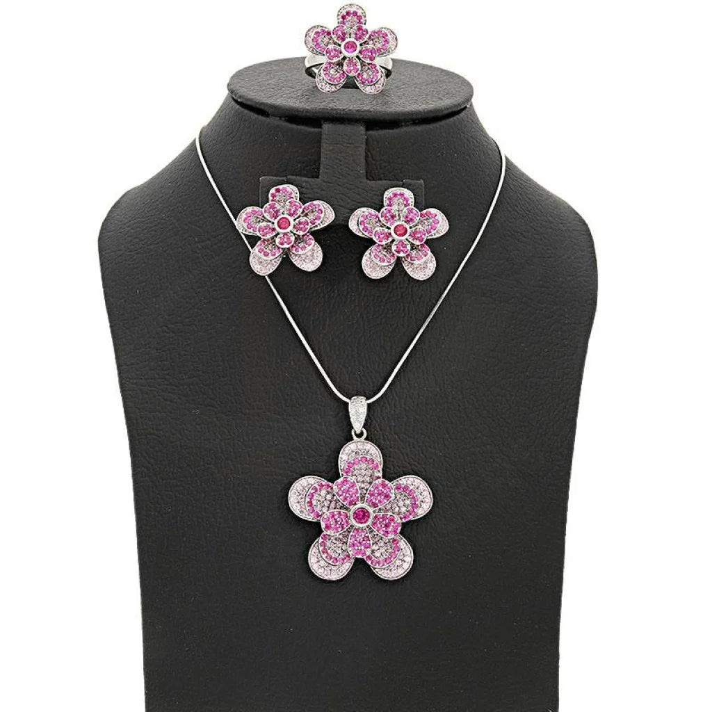 Italian Silver 925 Flower Shaped Pendant Set (Necklace Earrings And Ring) - Fkjnklstsl2108 Sets