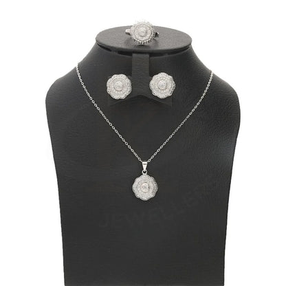 Italian Silver 925 Flower Shaped Pendant Set (Necklace Earrings And Ring) - Fkjnklstsl2200 Sets