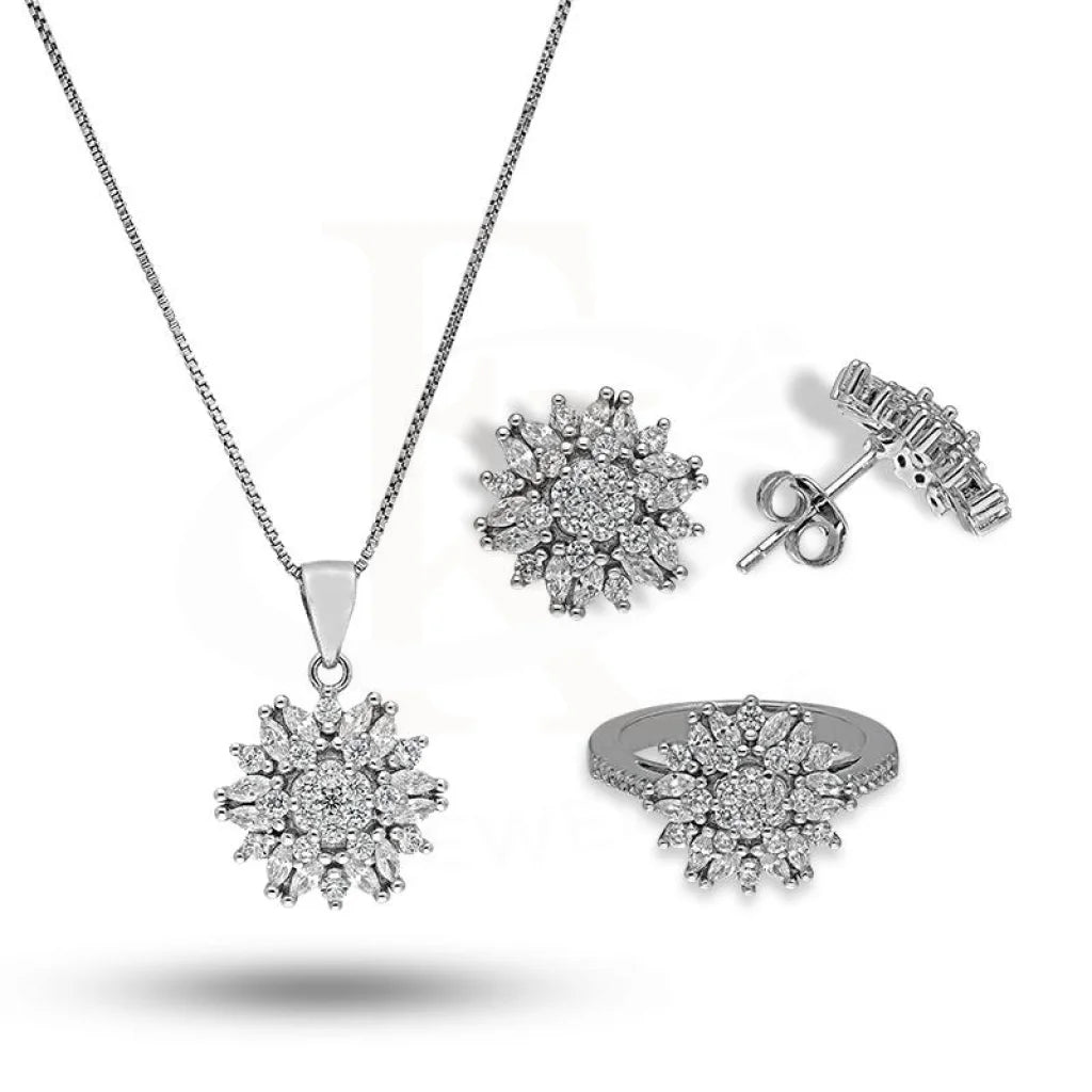 Italian Silver 925 Flower Shaped Pendant Set (Necklace Earrings And Ring) - Fkjnklstsl2277 Sets