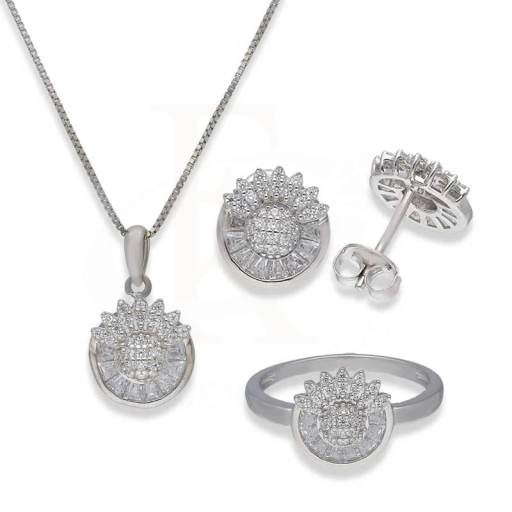 Sterling Silver 925 Flower Shaped Pendant Set (Necklace Earrings And Ring) - Fkjnklstsl2375 Sets