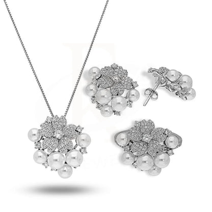 Italian Silver 925 Flowers And Pearls Pendant Set (Necklace Earrings Ring) - Fkjnklstsl2275 Sets