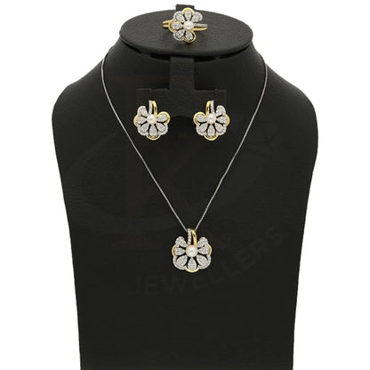 Italian Silver 925 Gold Plated Flower Shaped With Pearl Pendant Set (Necklace Earrings And Ring) -