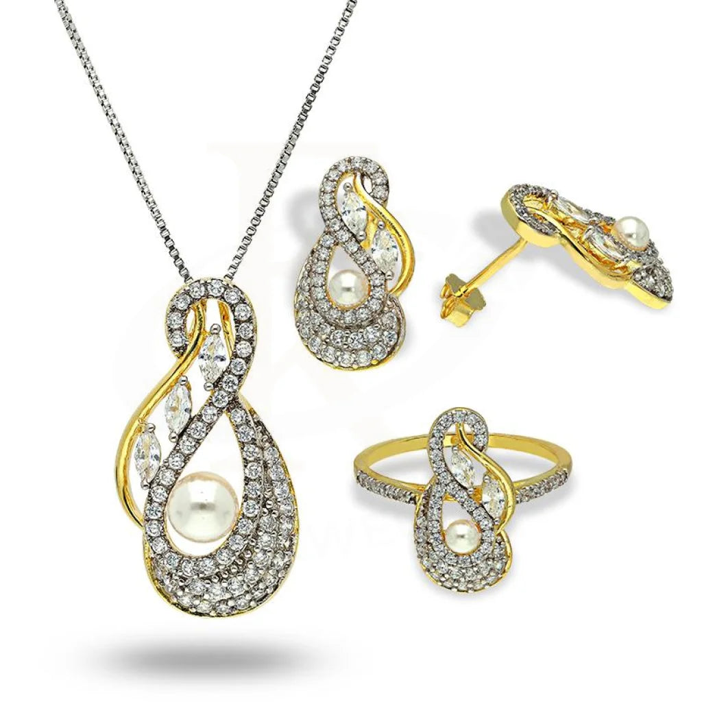 Italian Silver 925 Gold Plated Pear Shaped With Pearl Pendant Set (Necklace Earrings And Ring) -