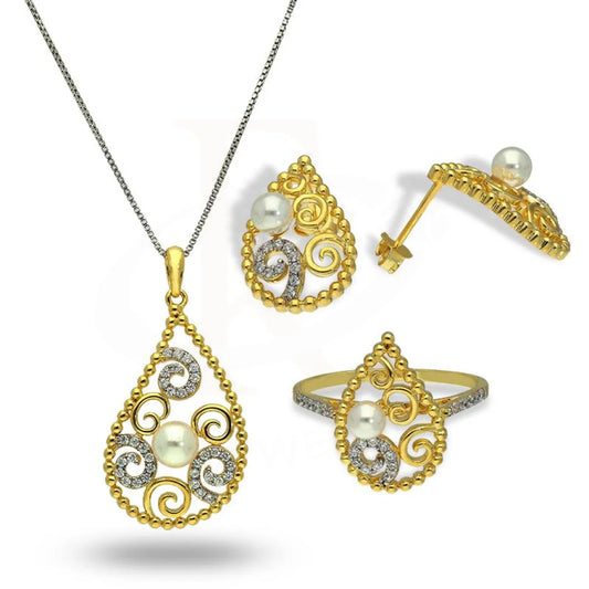 Italian Silver 925 Gold Plated Pear Shaped With Pearl Pendant Set (Necklace Earrings And Ring) -