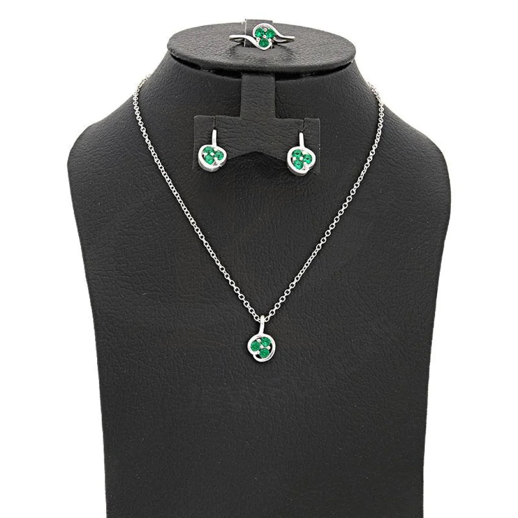 Italian Silver 925 Green Triple Solitaire Pendant Set (Necklace Earrings And Ring) - Fkjnklstsl2107