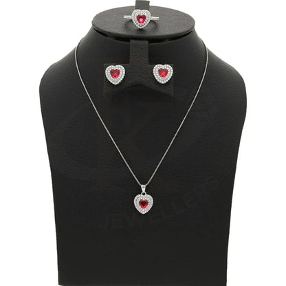 Italian Silver 925 Heart Shaped Solitaire Pendant Set (Necklace Earrings And Ring) - Fkjnklstsl2262