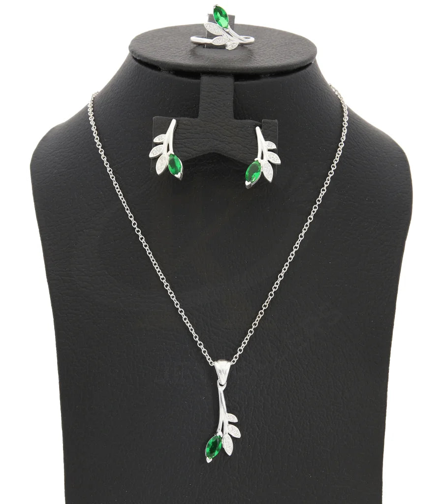 Italian Silver 925 Leaf Shaped Pendant Set (Necklace Earrings And Ring) - Fkjnklst2077 Sets