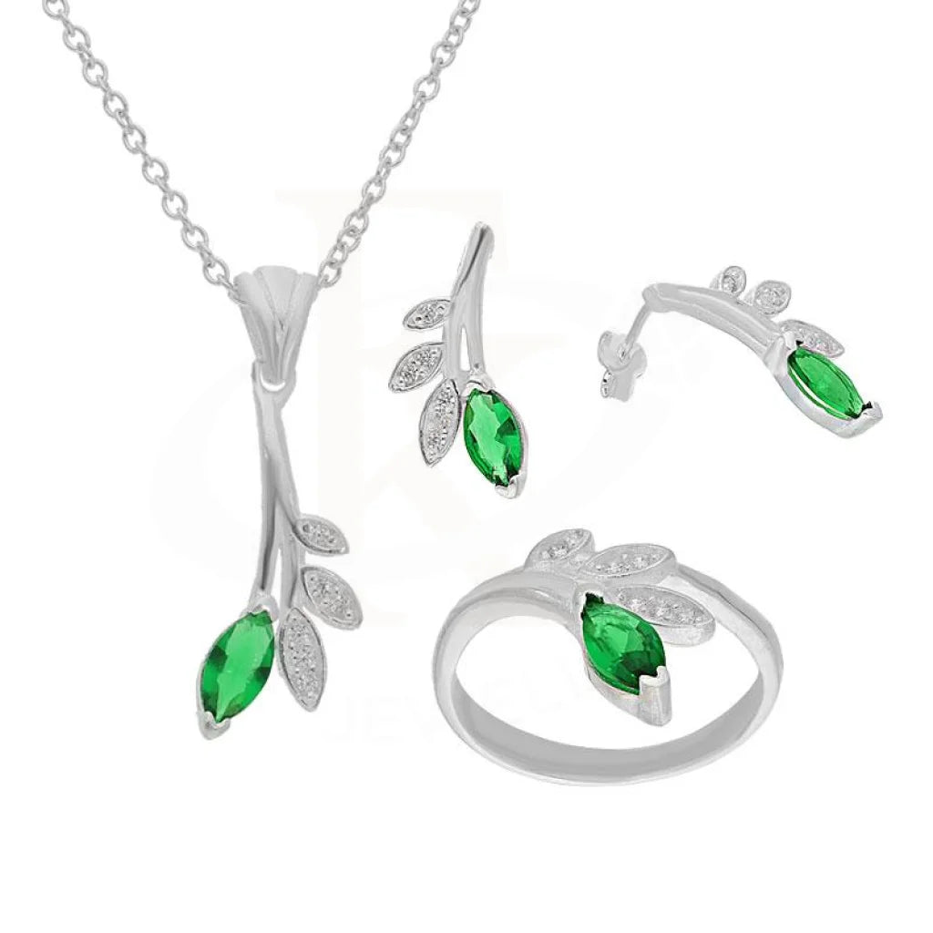 Italian Silver 925 Leaf Shaped Pendant Set (Necklace Earrings And Ring) - Fkjnklst2077 Sets