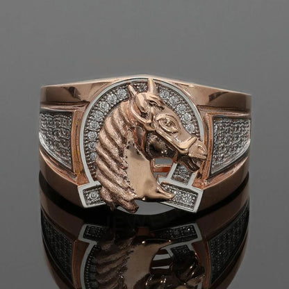 Italian Silver 925 Mens Rose Gold Plated Horse Shaped Ring - Fkjrnsl2905 Rings