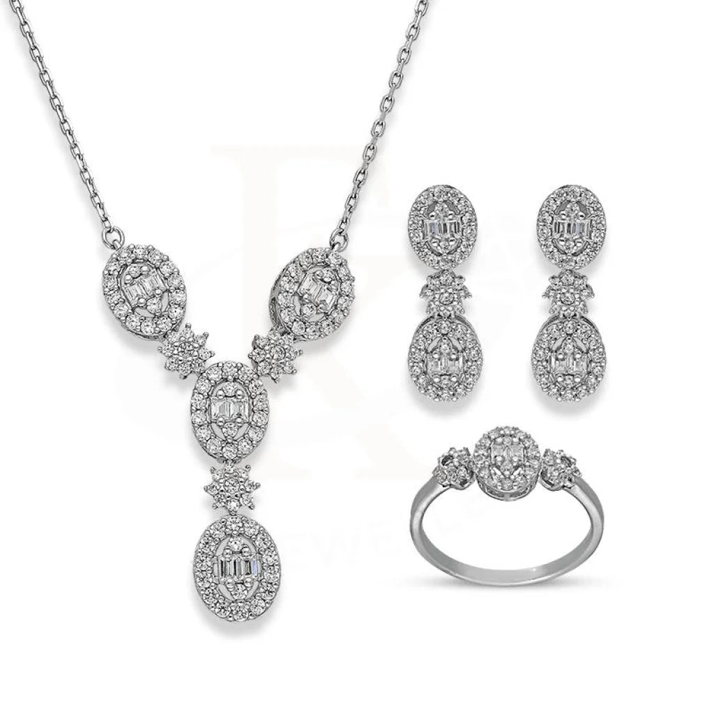 Italian Silver 925 Oval Shaped Pendant Set (Necklace Earrings And Ring) - Fkjnklstsl2344 Sets