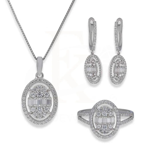 Sterling Silver 925 Oval Shaped Pendant Set (Necklace Earrings And Ring) - Fkjnklstsl2369 Sets