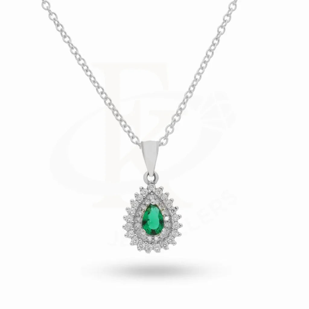 Italian Silver 925 Pear Shaped Green Solitaire Pendant Set (Necklace Earrings And Ring) -