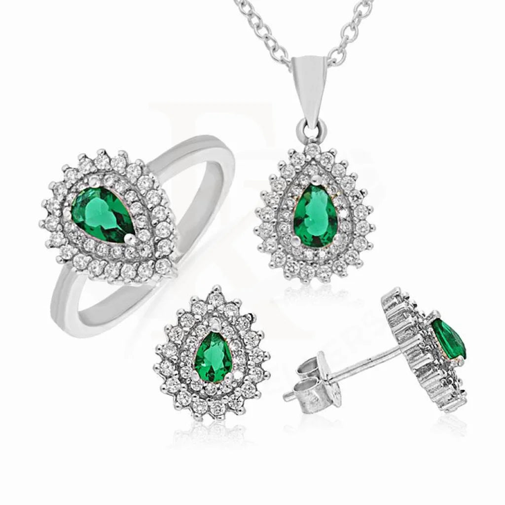 Italian Silver 925 Pear Shaped Green Solitaire Pendant Set (Necklace Earrings And Ring) -