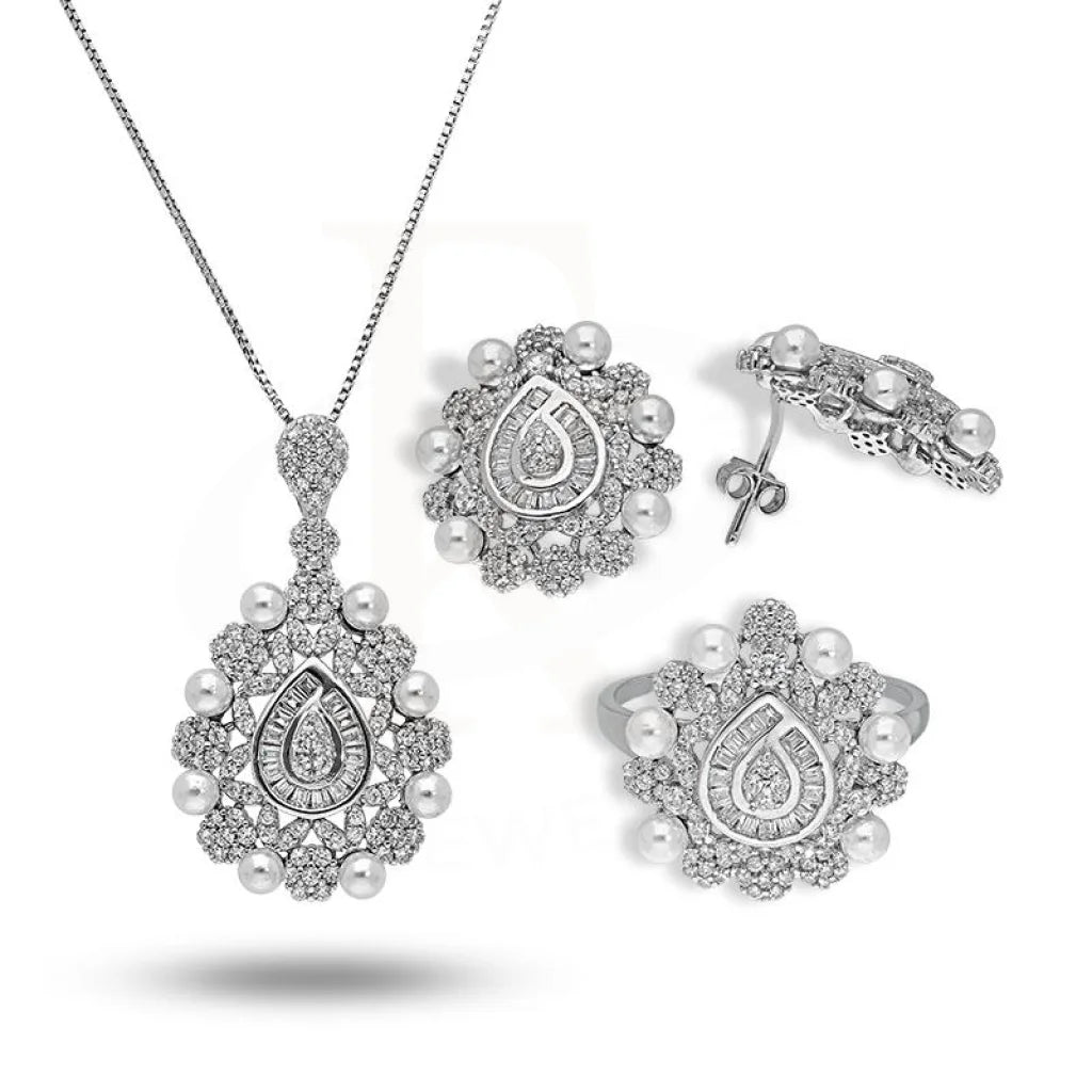 Italian Silver 925 Pear Shaped With Pearls Pendant Set (Necklace Earrings And Ring) - Fkjnklstsl2273