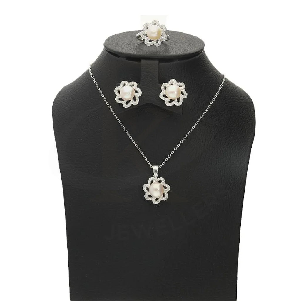 Italian Silver 925 Pearl In Flower Pendant Set (Necklace Earrings And Ring) - Fkjnklstsl2198 Sets