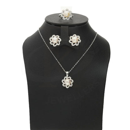 Italian Silver 925 Pearl In Flower Pendant Set (Necklace Earrings And Ring) - Fkjnklstsl2198 Sets