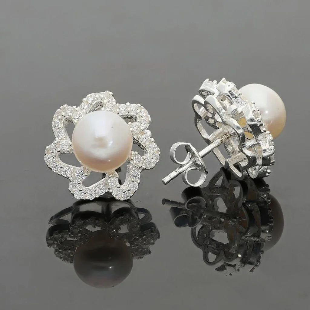 Italian Silver 925 Pearl In Flower Pendant Set (Necklace Earrings And Ring) - Fkjnklstsl2198 Sets