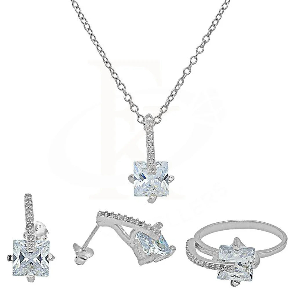 Italian Silver 925 Princess Cut Solitaire Pendant Set (Necklace Earrings And Ring) - Fkjnklst2020