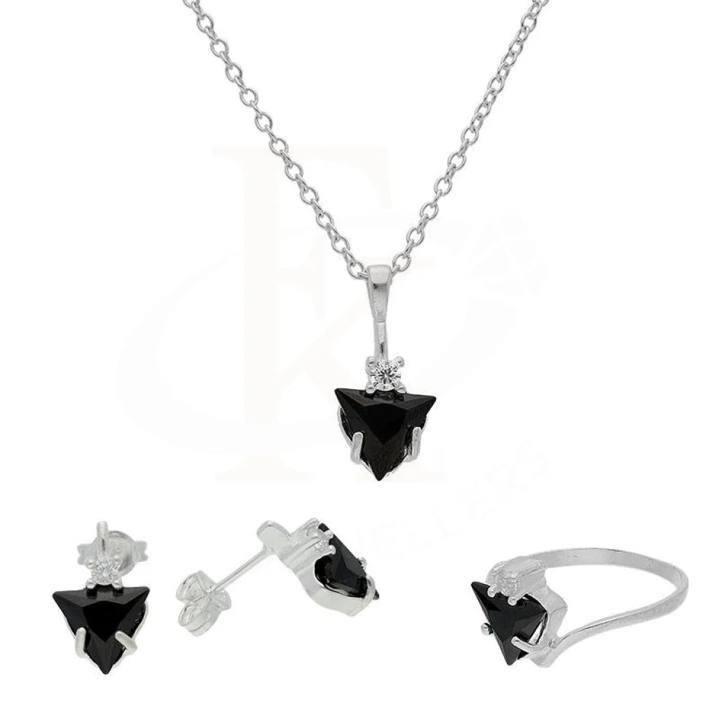 Italian Silver 925 Prism Shaped Solitaire Pendant Set (Necklace Earrings And Ring) - Fkjnklstsl2099