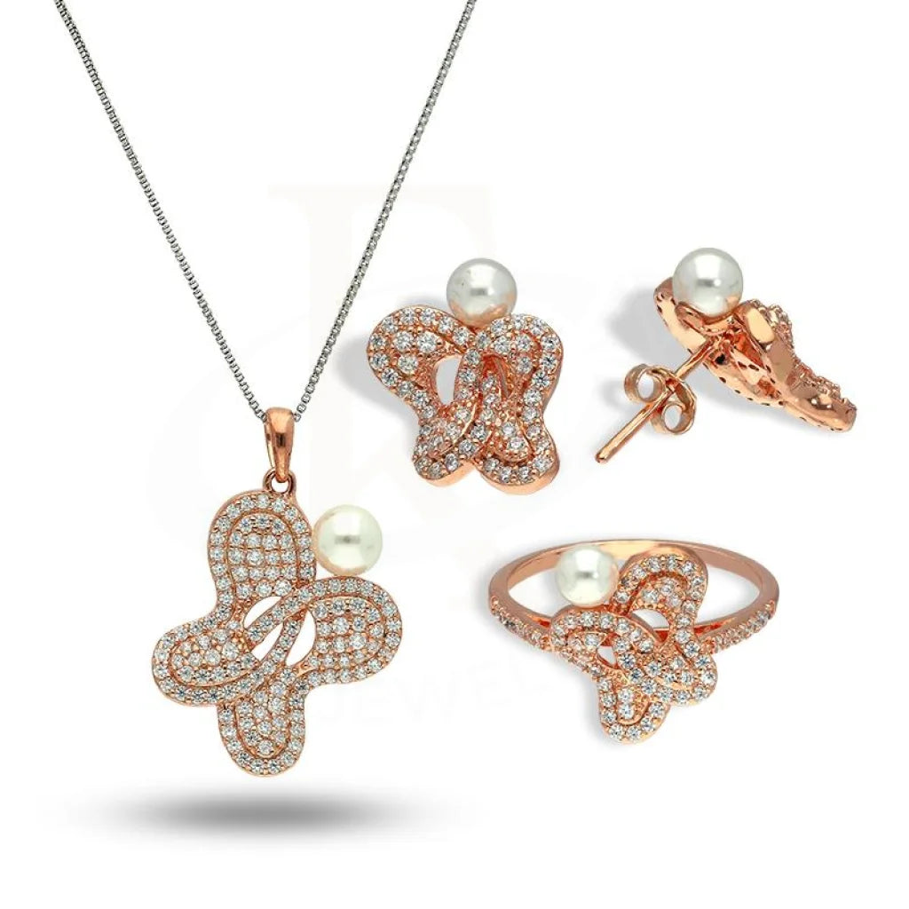 Italian Silver 925 Rose Gold Plated Butterfly Shaped With Pearl Pendant Set (Necklace Earrings And