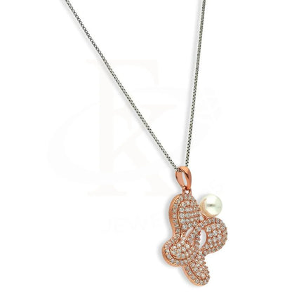 Italian Silver 925 Rose Gold Plated Butterfly Shaped With Pearl Pendant Set (Necklace Earrings And