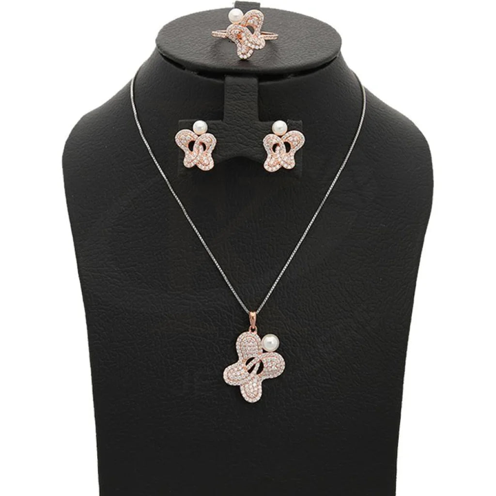 Italian Silver 925 Rose Gold Plated Butterfly Shaped With Pearl Pendant Set (Necklace Earrings And